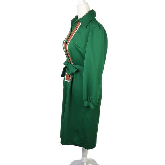 Vintage 70s Dark Green Shirt Dress Striped Trim Knee Length M - Picture 3 of 5